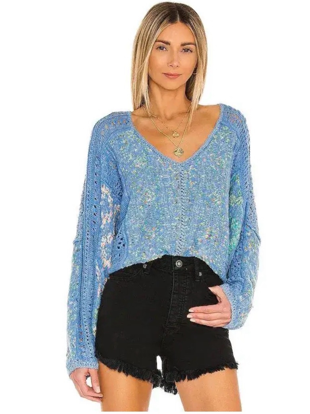 FREE PEOPLE  Mosaic V Neck Oversized Pullover In Blue Size Small